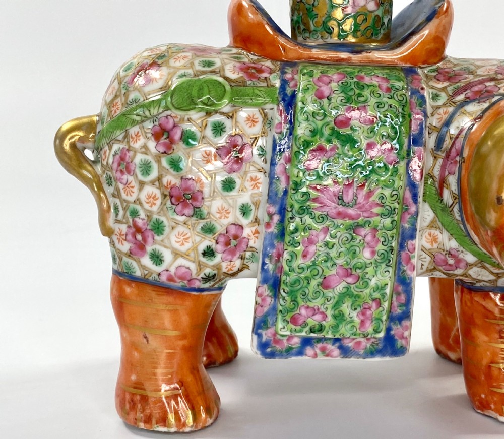 Pair Chinese porcelain elephant joss stick holders, c. 1850. Qing Dynasty. View III