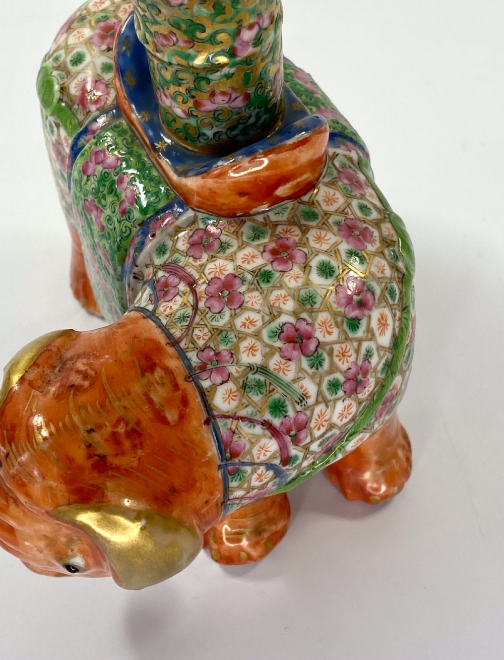 Pair Chinese porcelain elephant joss stick holders, c. 1850. Qing Dynasty. View IX