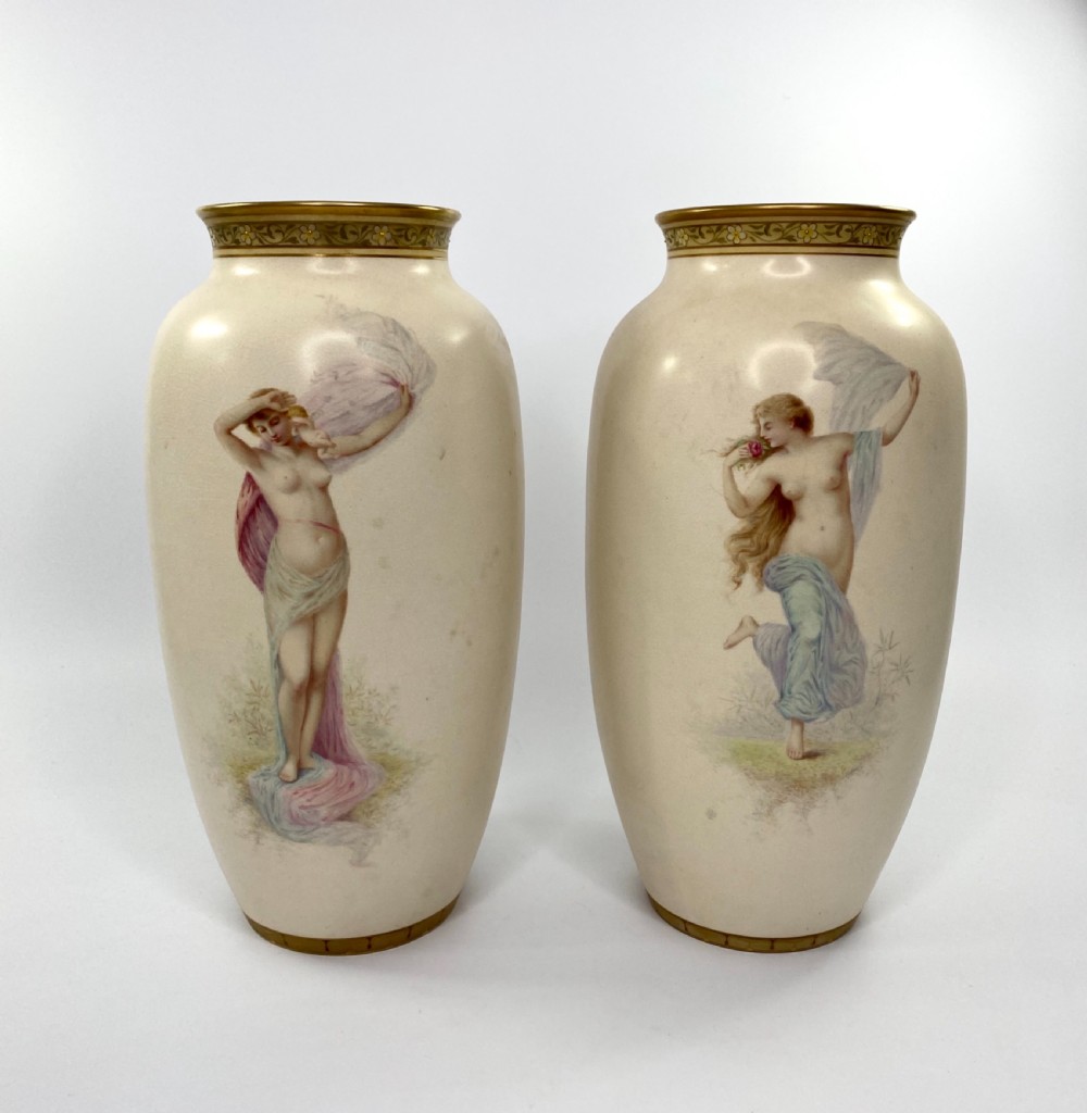 Pair Doulton Lambeth faience vases. J. P. Hewitt, c. 1885