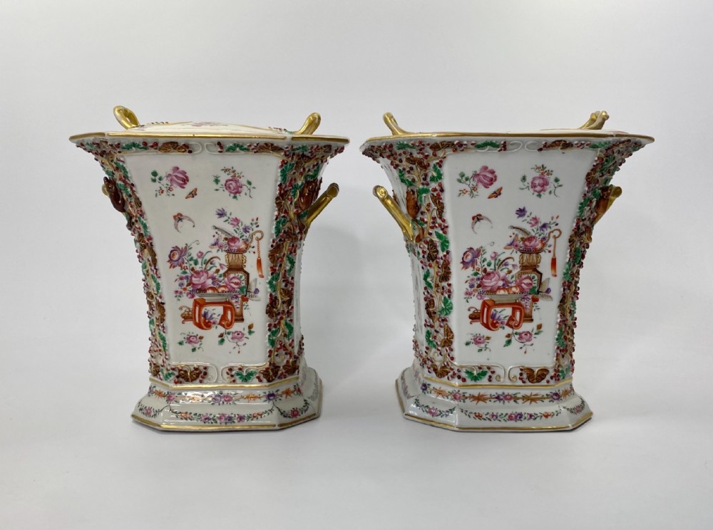 Pair Chinese porcelain bough pots & covers, c. 1760. Qianlong Period.