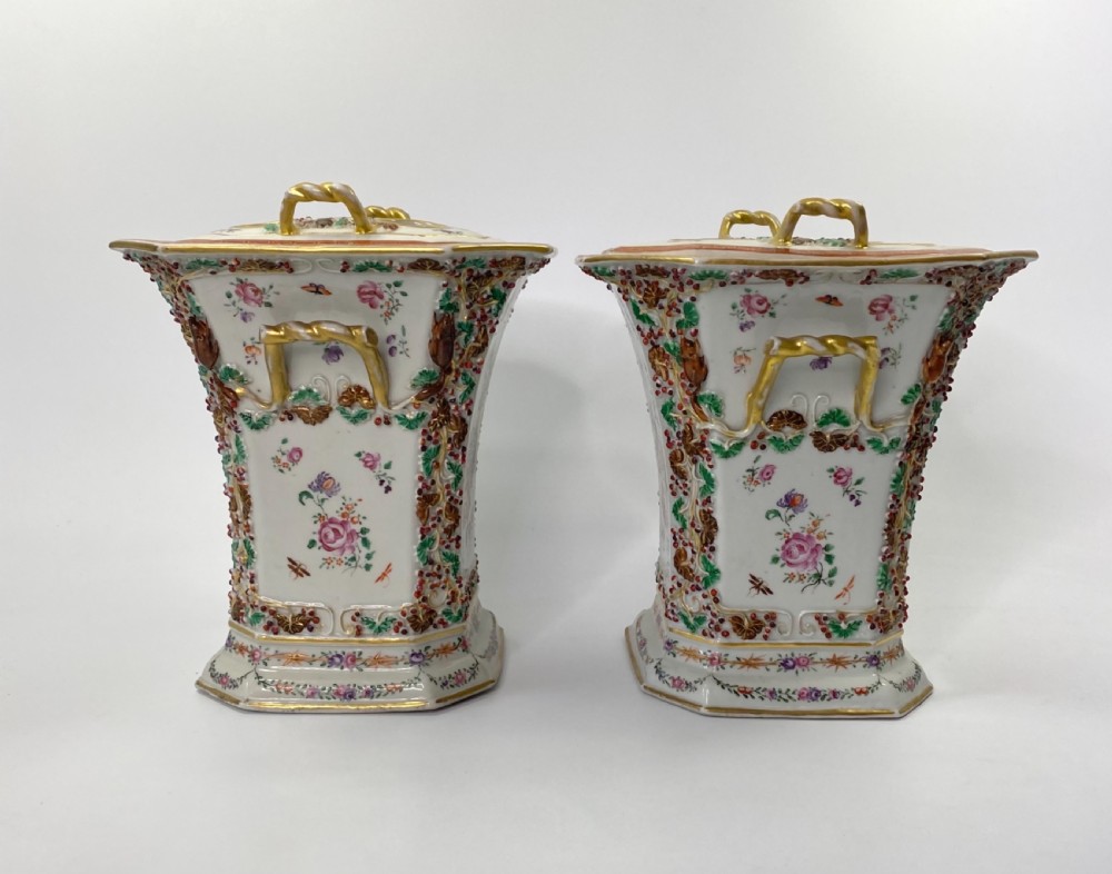 Pair Chinese porcelain bough pots & covers, c. 1760. Qianlong Period. View II