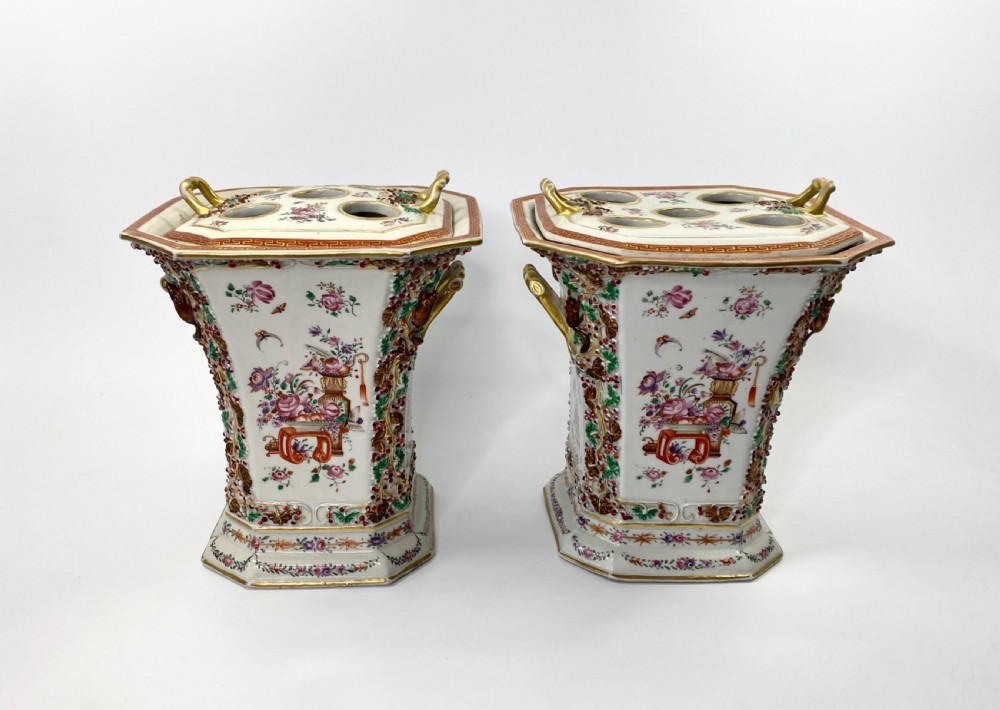 Pair Chinese porcelain bough pots & covers, c. 1760. Qianlong Period. View III