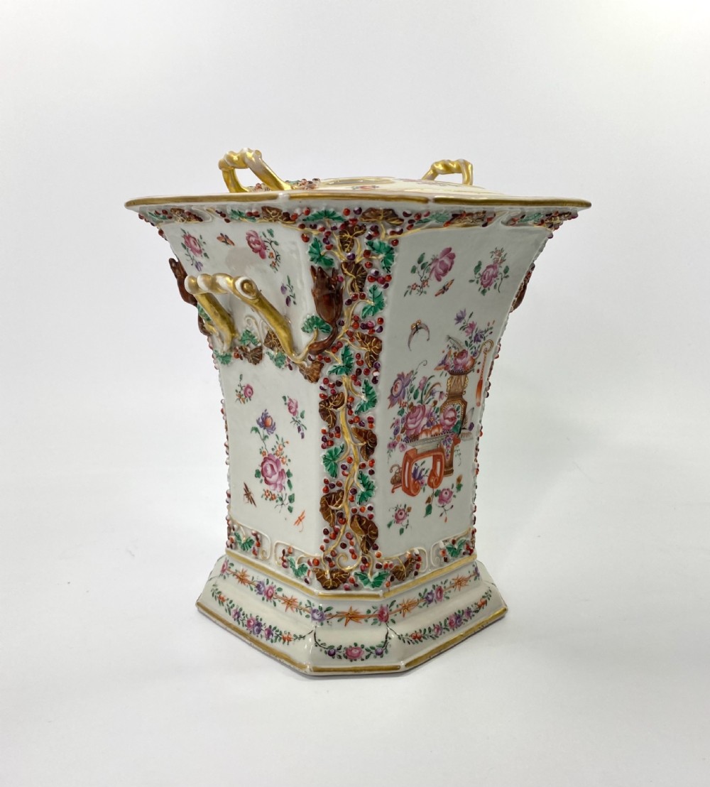 Pair Chinese porcelain bough pots & covers, c. 1760. Qianlong Period. View V
