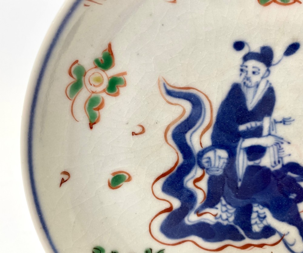 Chinese porcelain wucai Immortals dish. Tianqi mark and period, c. 1625. View VII