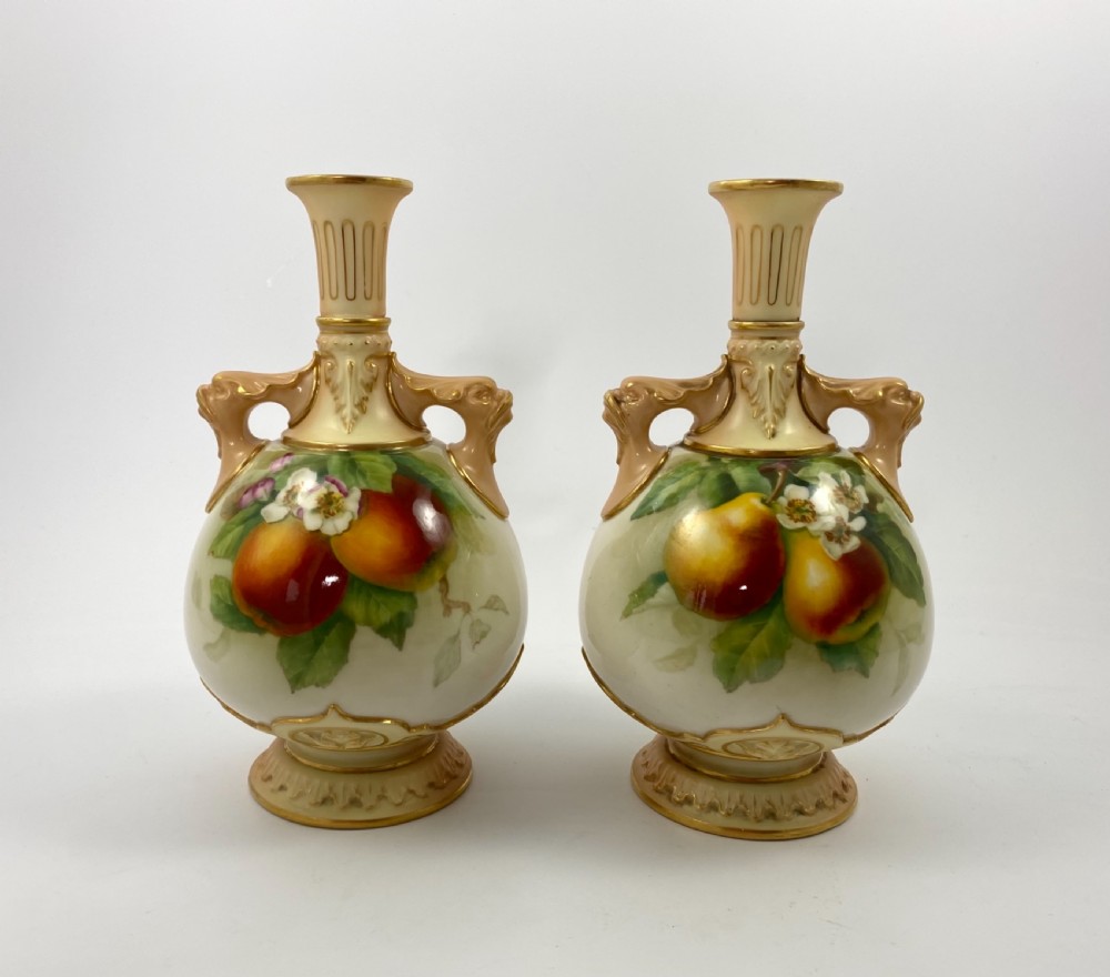 Pair Royal Worcester vases. Fruit, signed F. Parker, d. 1906.