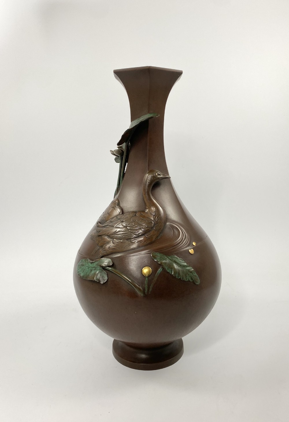 Japanese bronze & mixed metal vase. Seiya. Meiji Period.