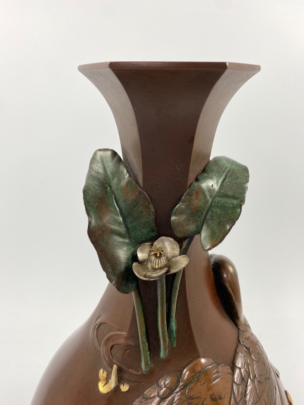 Japanese bronze & mixed metal vase. Seiya. Meiji Period. View V
