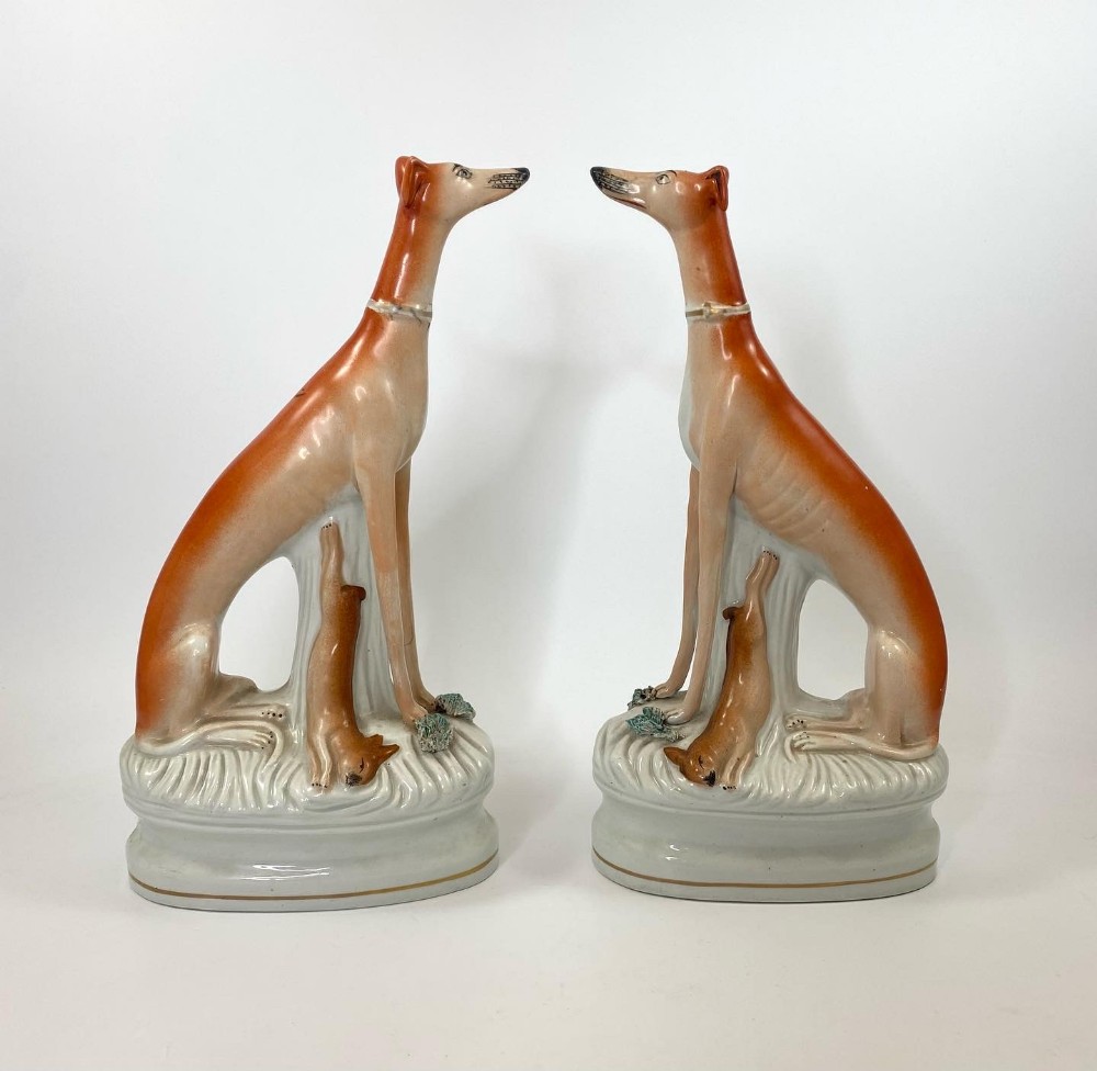Pair Staffordshire pottery Greyhounds, c. 1860.
