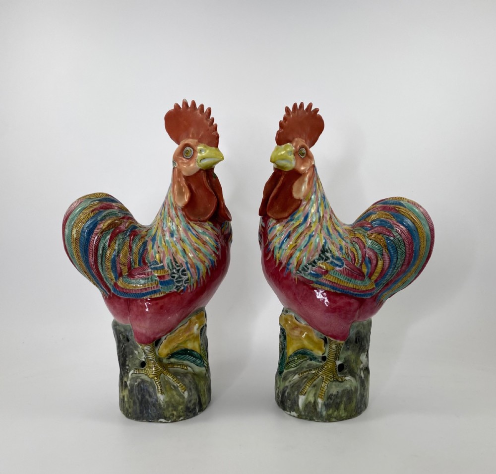 Pair Chinese porcelain cockerels, c. 1900. Qing Dynasty