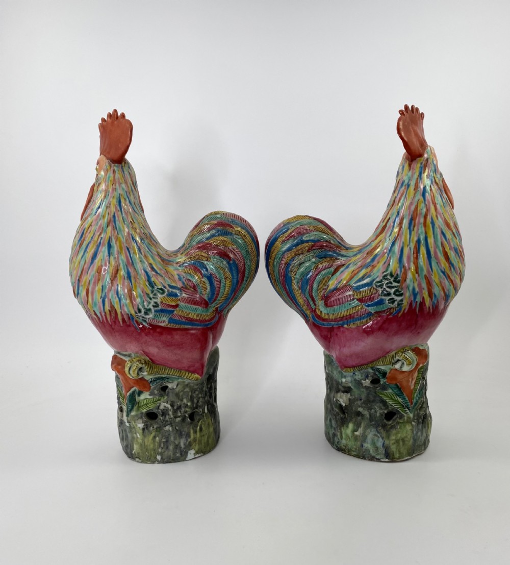 Pair Chinese porcelain cockerels, c. 1900. Qing Dynasty View III