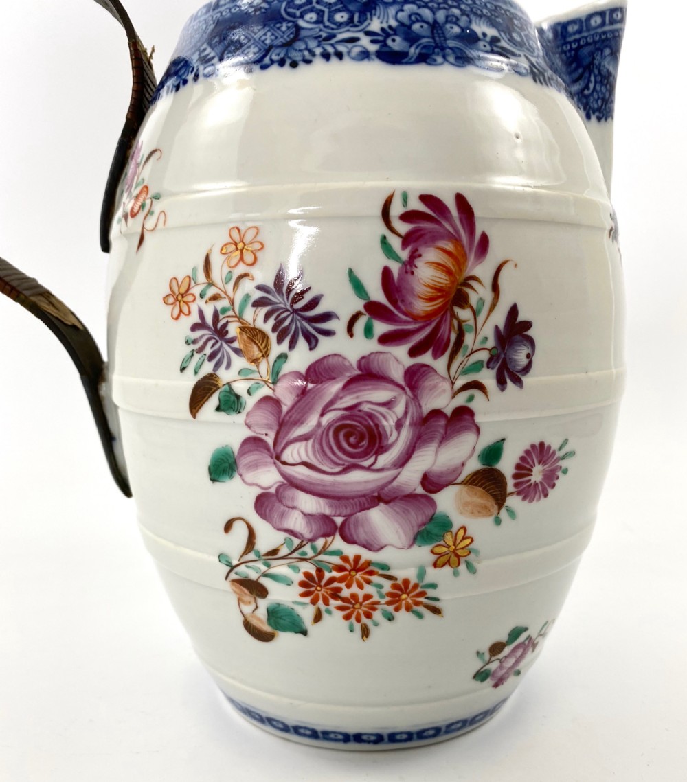 Chinese porcelain Cider Jug, c. 1770. Tinkers repaired handle. View III
