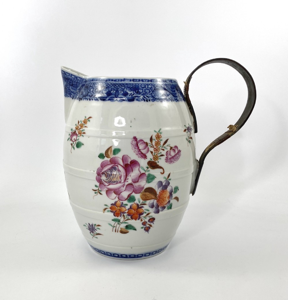 Chinese porcelain Cider Jug, c. 1770. Tinkers repaired handle. View IV