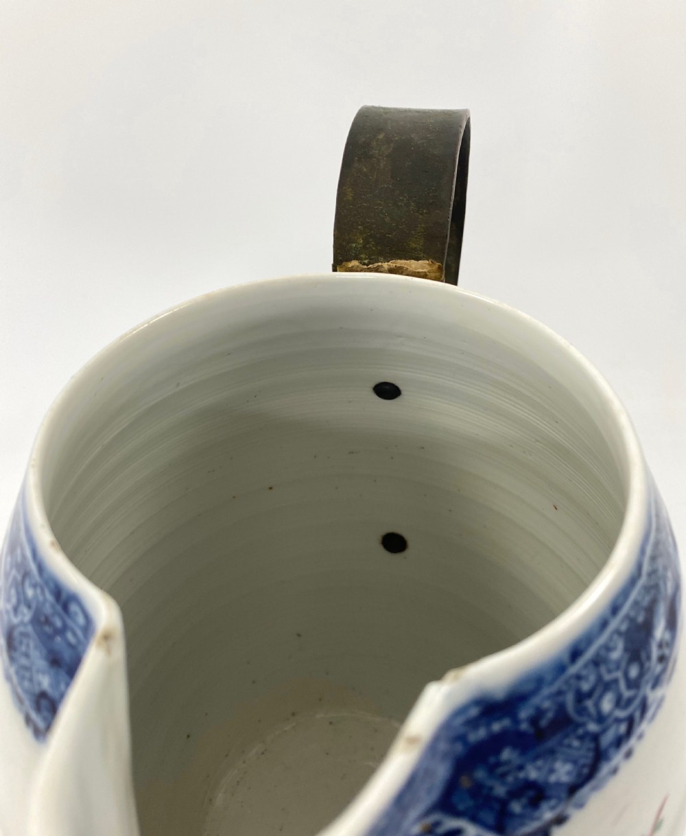 Chinese porcelain Cider Jug, c. 1770. Tinkers repaired handle. View V