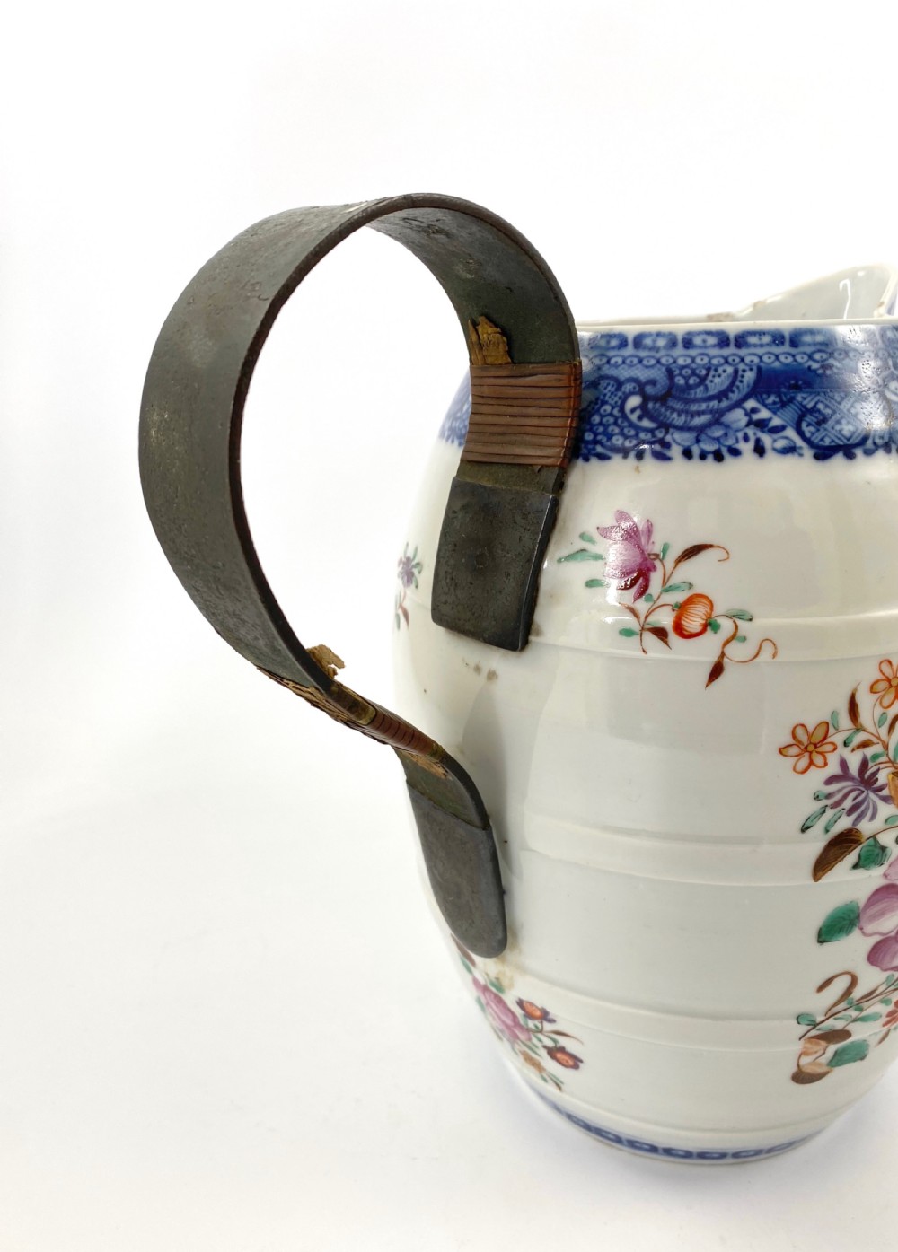 Chinese porcelain Cider Jug, c. 1770. Tinkers repaired handle. View VI