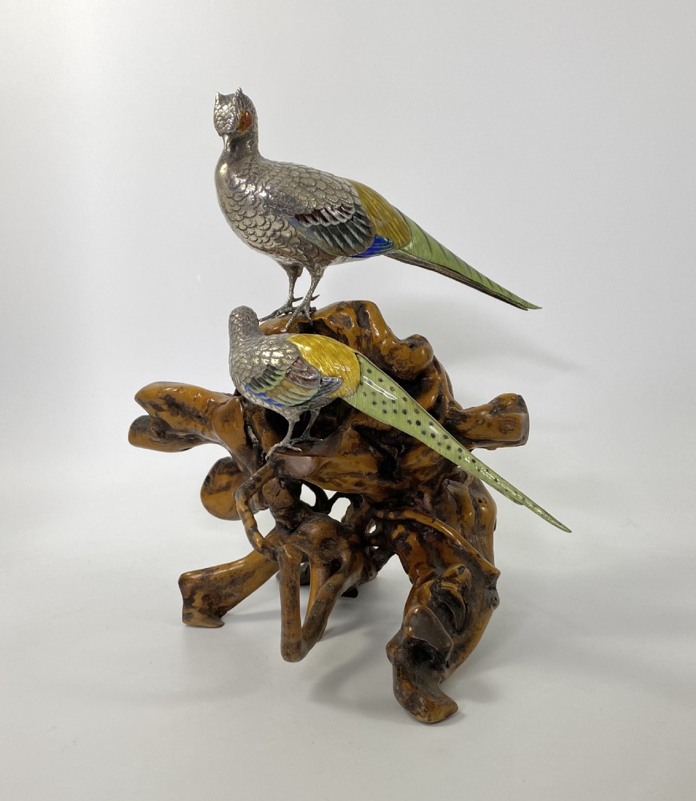 Japanese silver and enamel Pheasants okimono. Meiji Period.