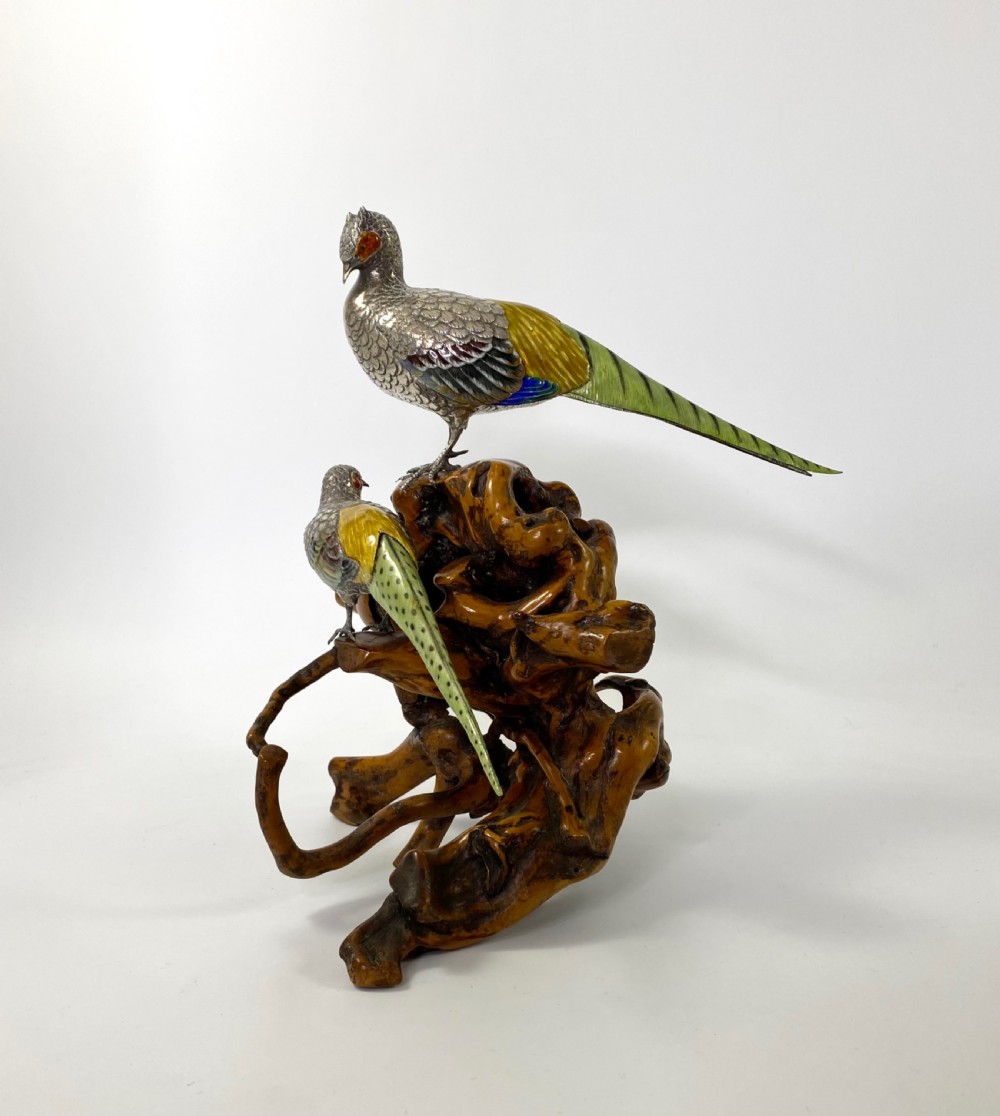 Japanese silver and enamel Pheasants okimono. Meiji Period. View II