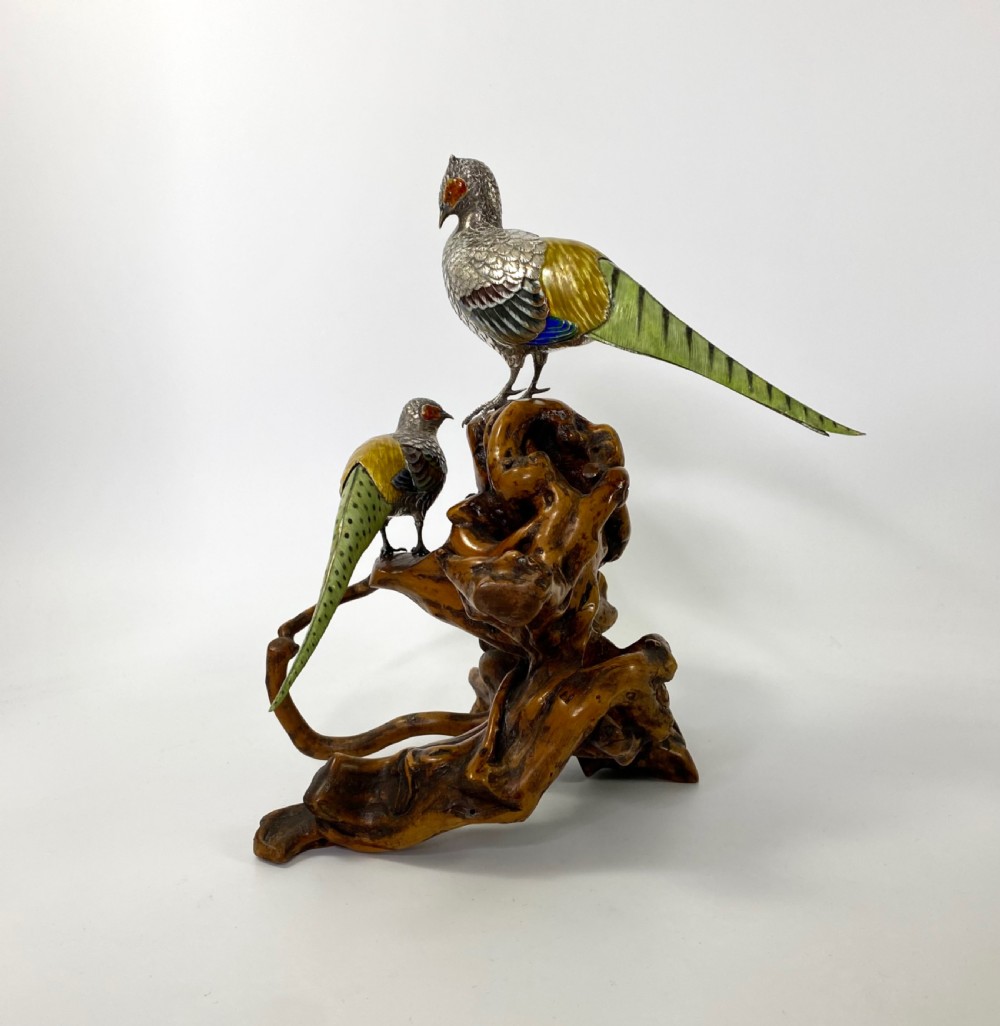 Japanese silver and enamel Pheasants okimono. Meiji Period. View III