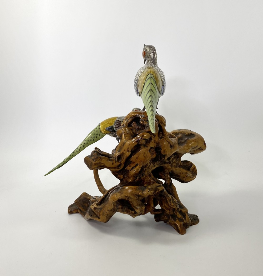 Japanese silver and enamel Pheasants okimono. Meiji Period. View IV