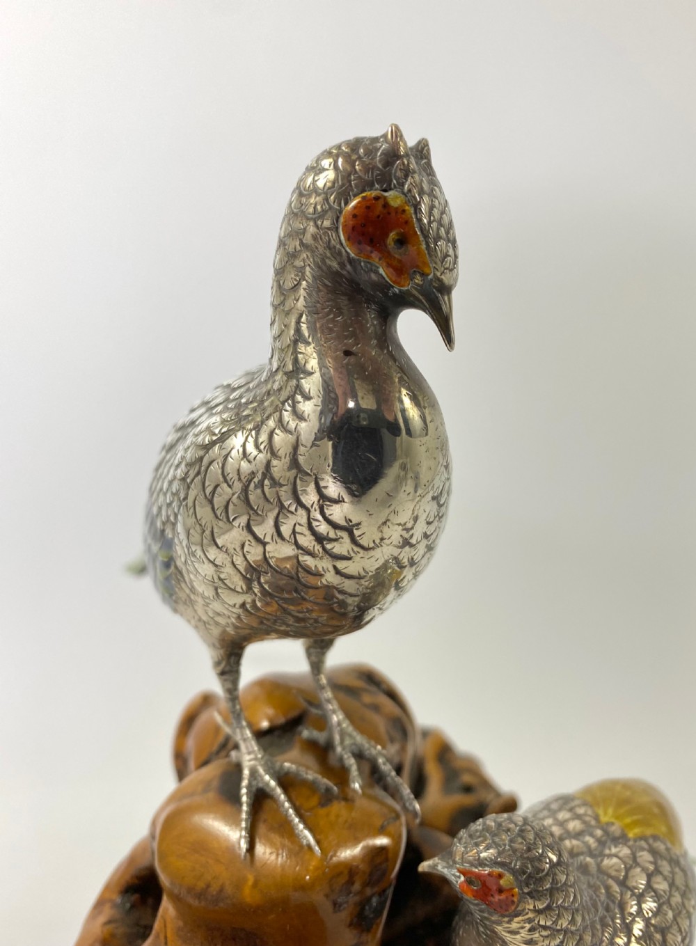 Japanese silver and enamel Pheasants okimono. Meiji Period. View V