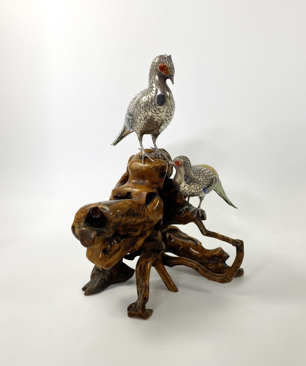 Japanese silver and enamel Pheasants okimono. Meiji Period. View VI