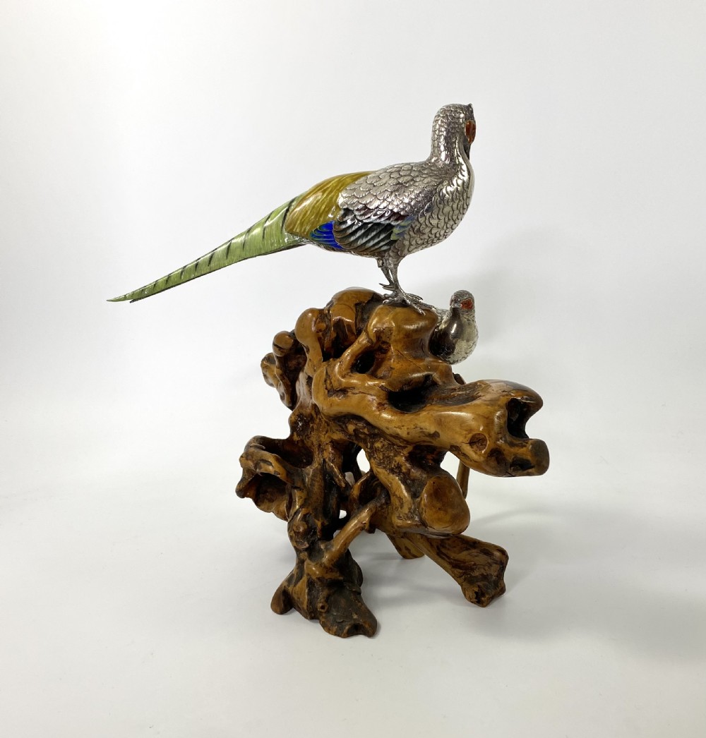 Japanese silver and enamel Pheasants okimono. Meiji Period. View VII