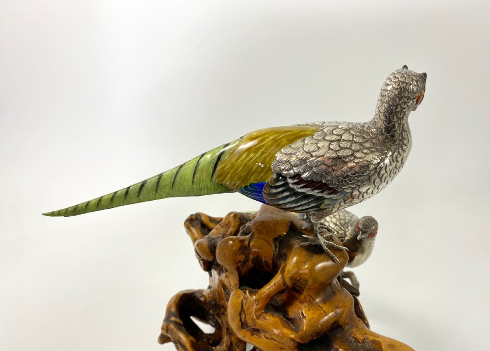 Japanese silver and enamel Pheasants okimono. Meiji Period. View VIII