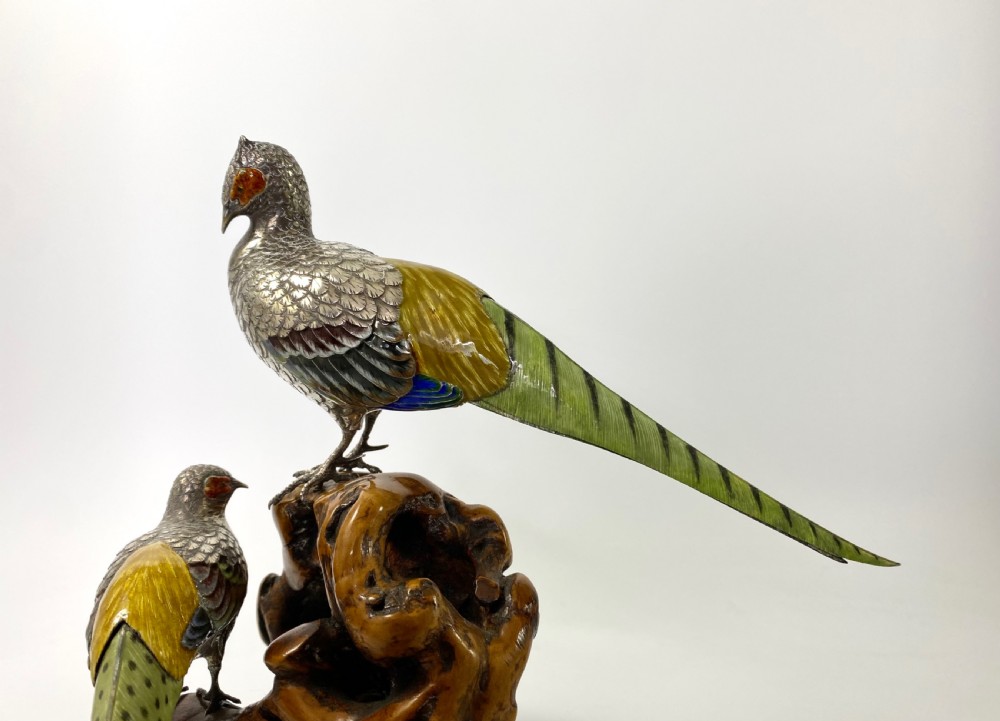 Japanese silver and enamel Pheasants okimono. Meiji Period. View IX