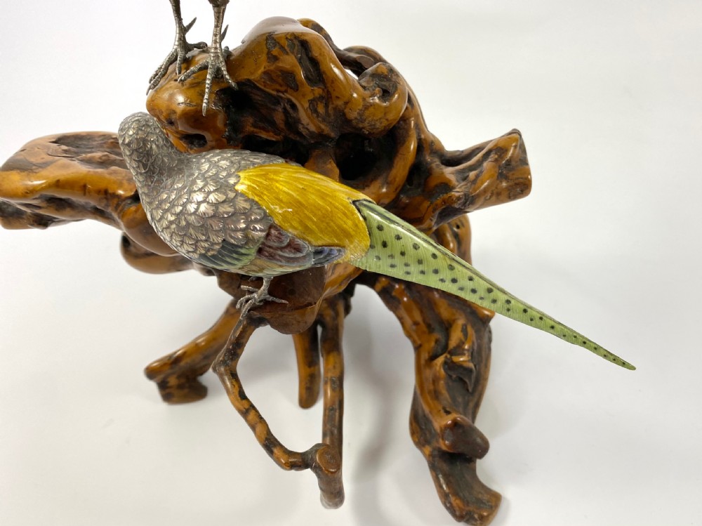 Japanese silver and enamel Pheasants okimono. Meiji Period. View X