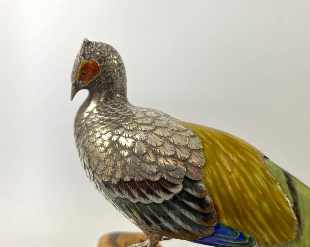 Japanese silver and enamel Pheasants okimono. Meiji Period. View XI