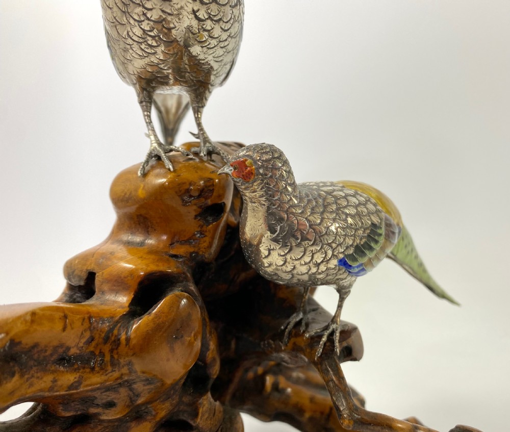 Japanese silver and enamel Pheasants okimono. Meiji Period. View XII