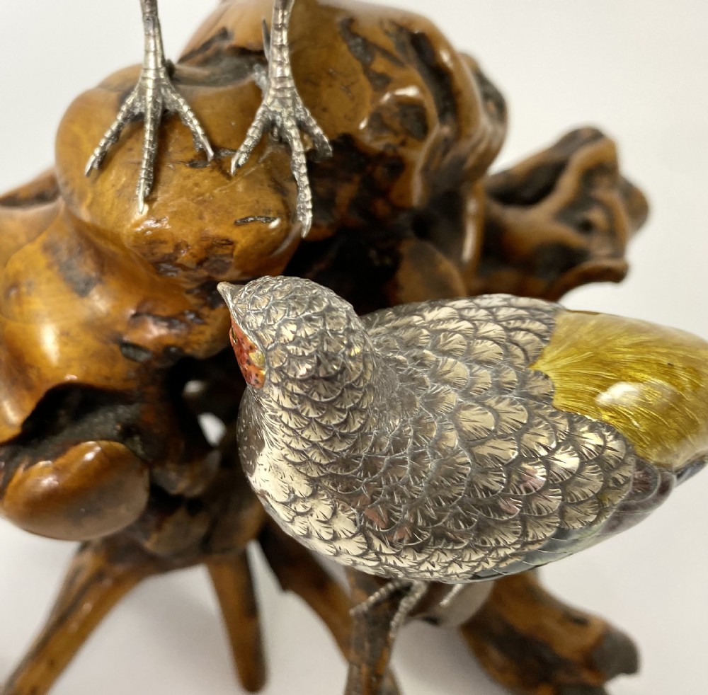Japanese silver and enamel Pheasants okimono. Meiji Period. View XIV