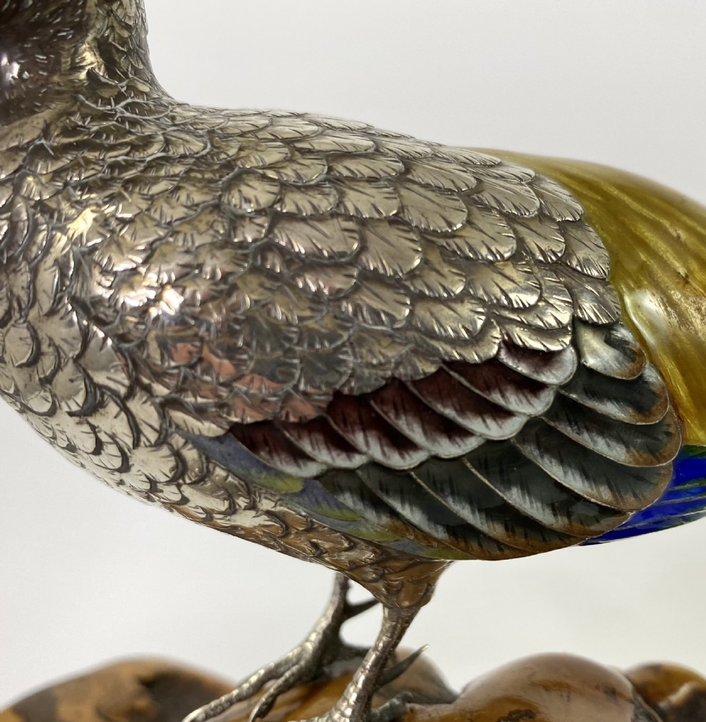 Japanese silver and enamel Pheasants okimono. Meiji Period. View XV