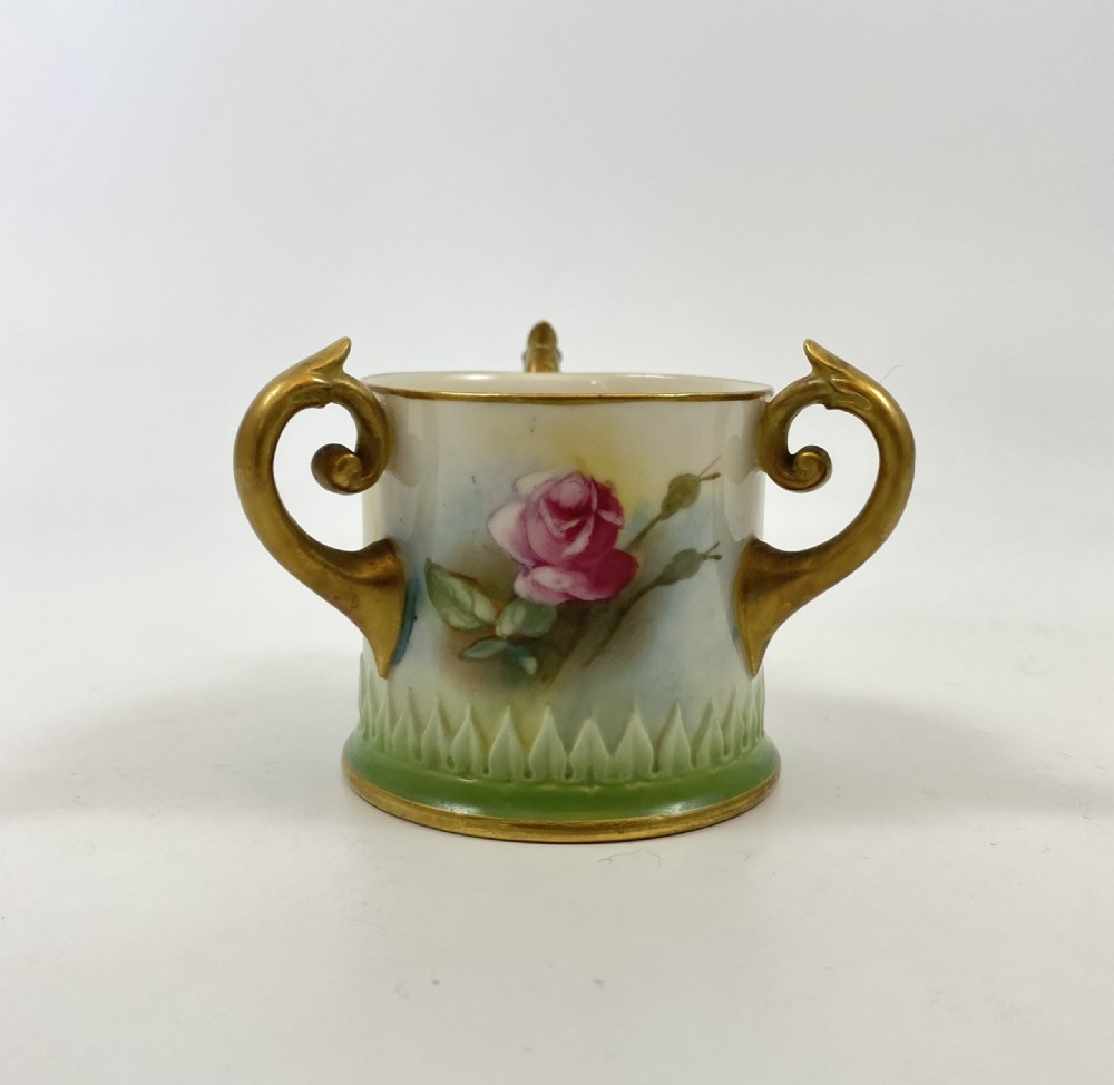 Royal Worcester porcelain miniature tyg, dated 1909.