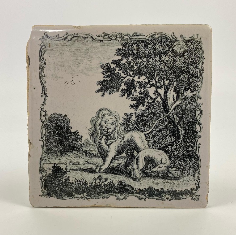 Liverpool delft ‘Aesops Fables’ tile, c. 1765.