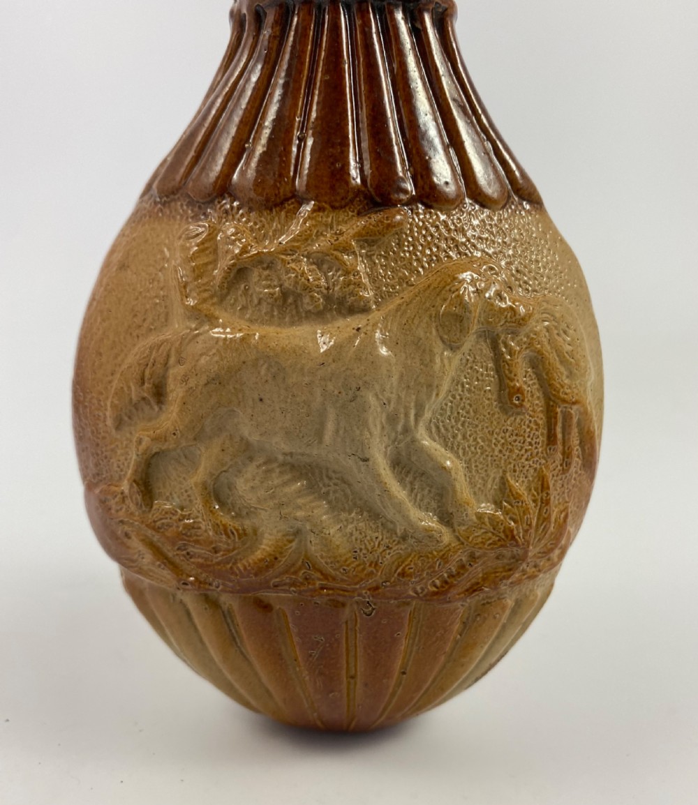 Lambeth Saltglaze stoneware spirit flask, c. 1840. View V