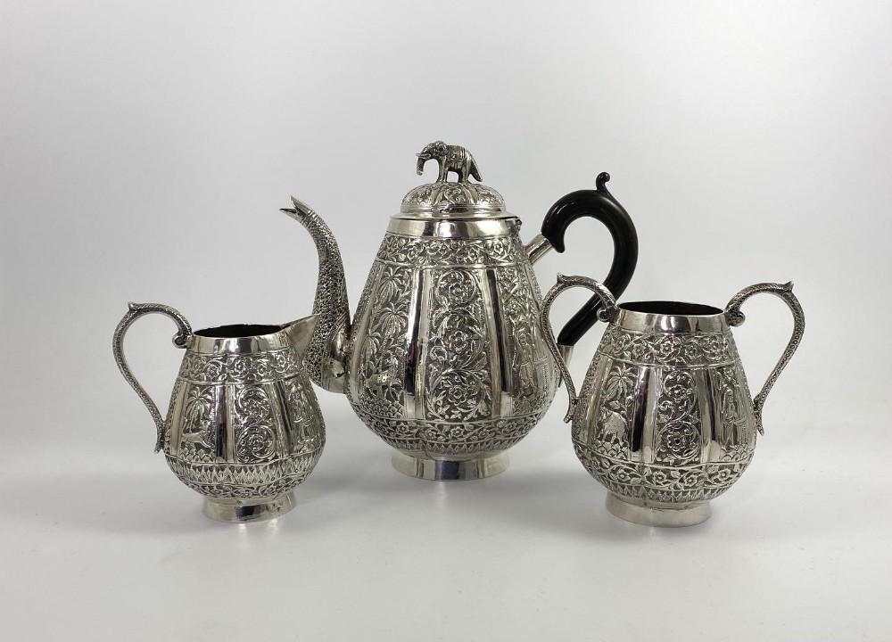 Indian silver three piece teaset, c. 1890.