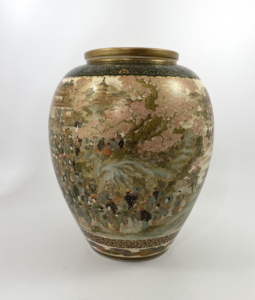 Satsuma pottery vase, Festival Gathering. Signed Zenkozan, Meiji Period. View III