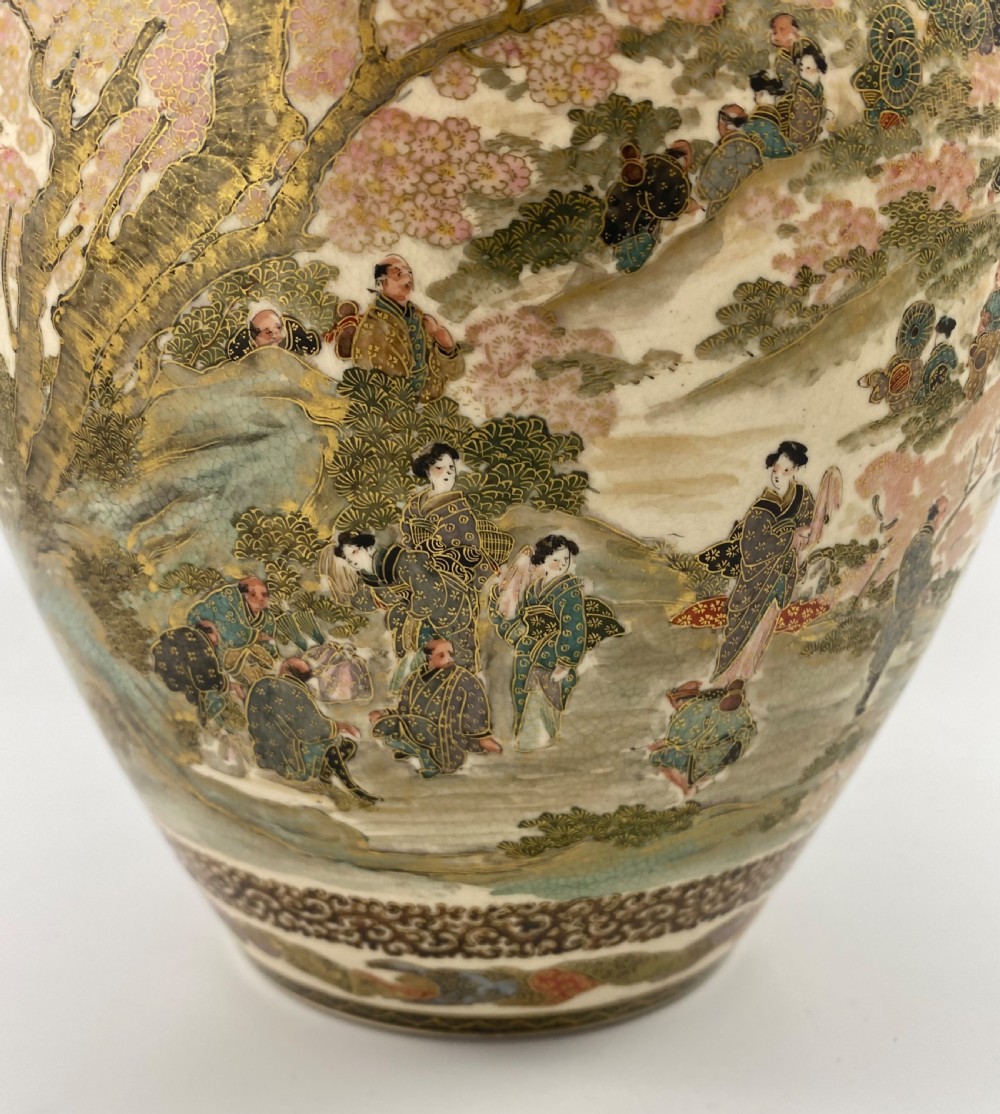 Satsuma pottery vase, Festival Gathering. Signed Zenkozan, Meiji Period. View IX