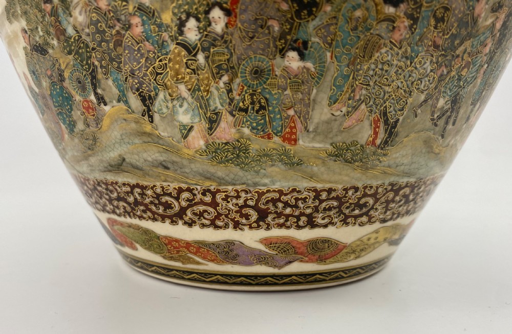 Satsuma pottery vase, Festival Gathering. Signed Zenkozan, Meiji Period. View XV