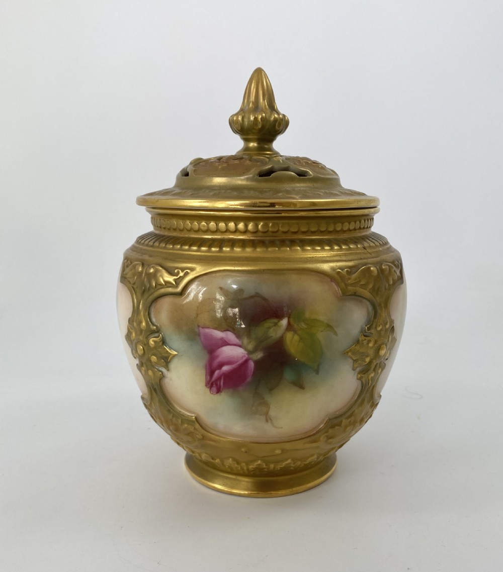 Royal Worcester Roses pot pourri and cover, dated 1913. View IV