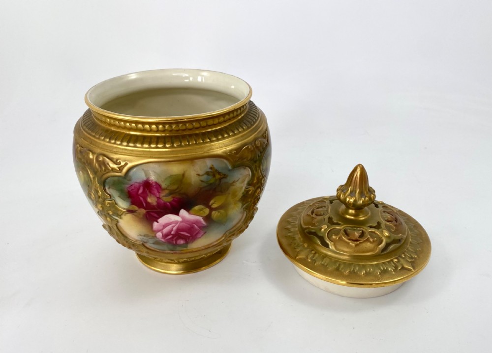 Royal Worcester Roses pot pourri and cover, dated 1913. View VII
