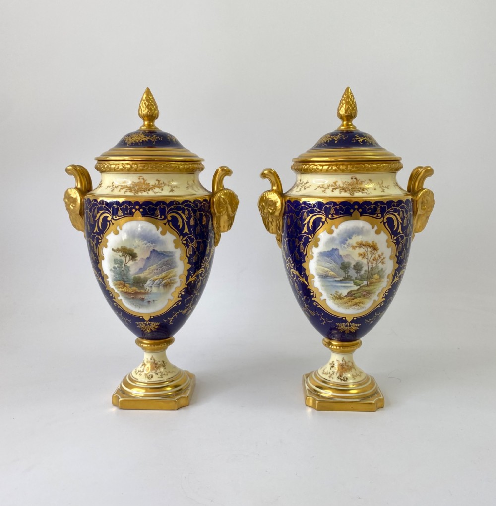 Pair Coalport porcelain vases, Lakeland scenes, Percy Simpson, c. 1900.