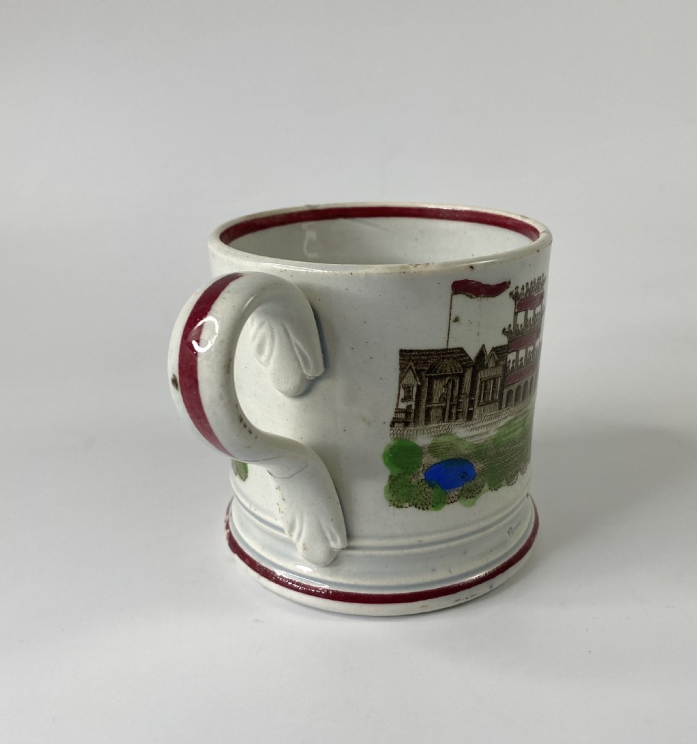 English pottery child’s mug, Racing,  c. 1840. View IV