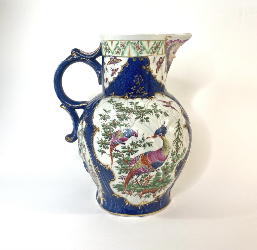 Worcester ‘Exotic Birds’ cabbage leaf moulded jug, c. 1770. View II