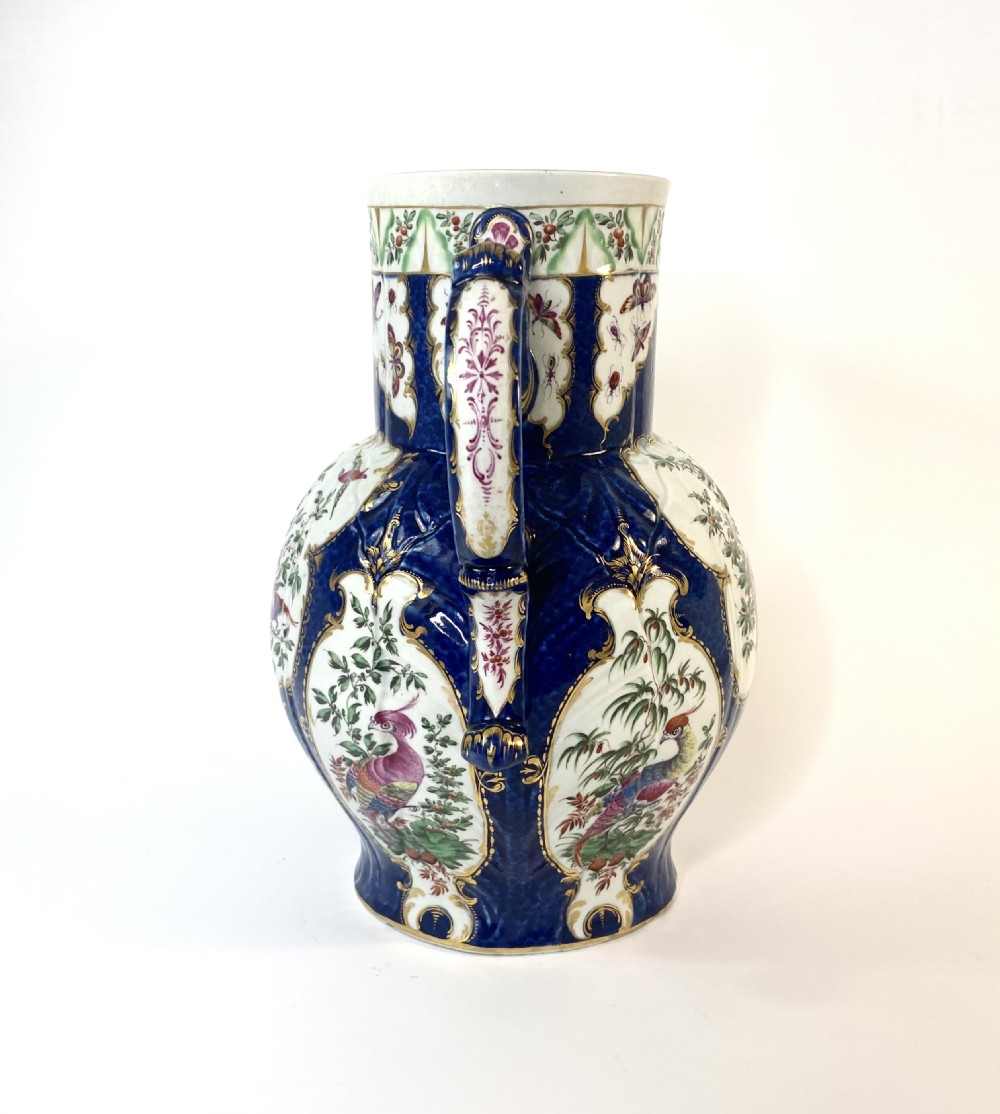 Worcester ‘Exotic Birds’ cabbage leaf moulded jug, c. 1770. View IV