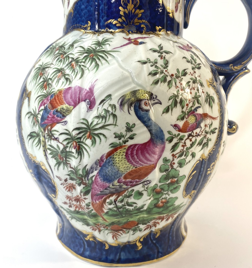 Worcester ‘Exotic Birds’ cabbage leaf moulded jug, c. 1770. View VIII