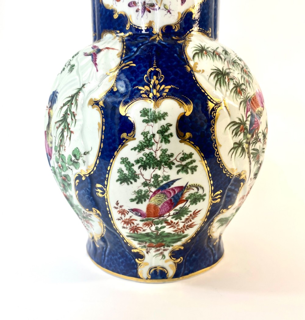 Worcester ‘Exotic Birds’ cabbage leaf moulded jug, c. 1770. View X