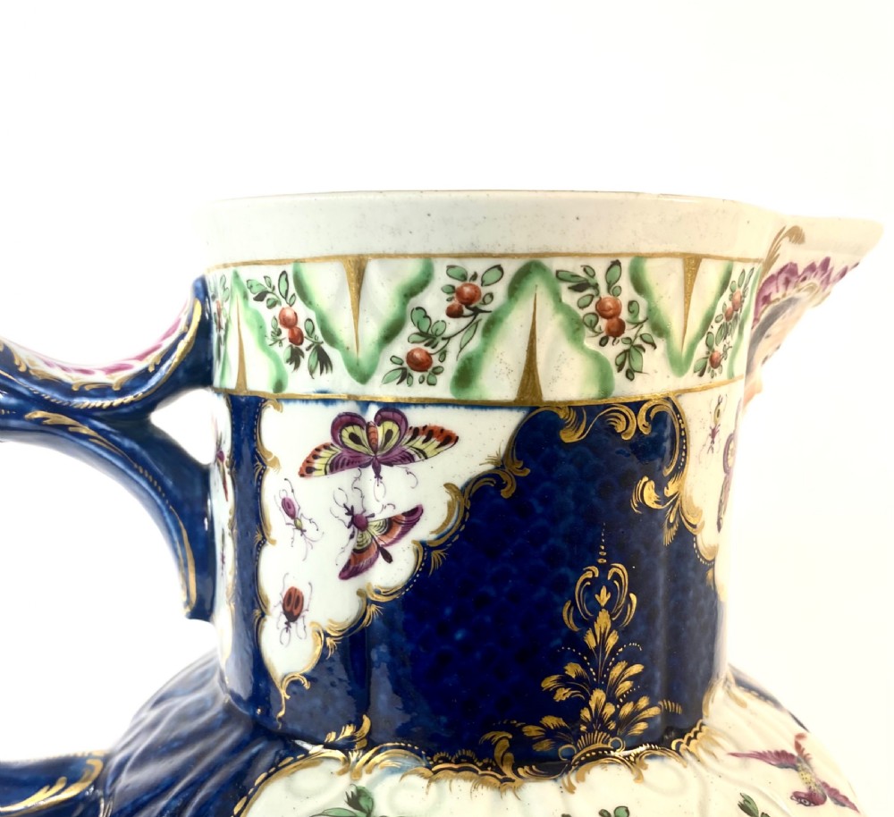Worcester ‘Exotic Birds’ cabbage leaf moulded jug, c. 1770. View XII