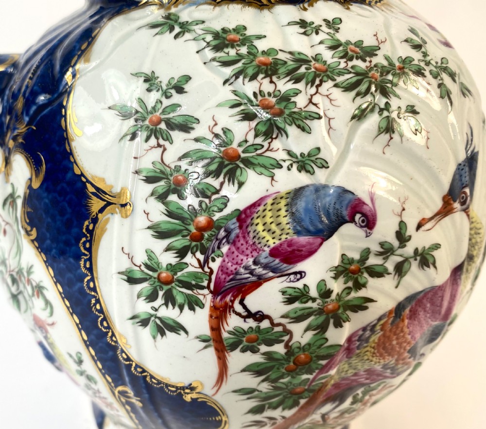 Worcester ‘Exotic Birds’ cabbage leaf moulded jug, c. 1770. View XIII
