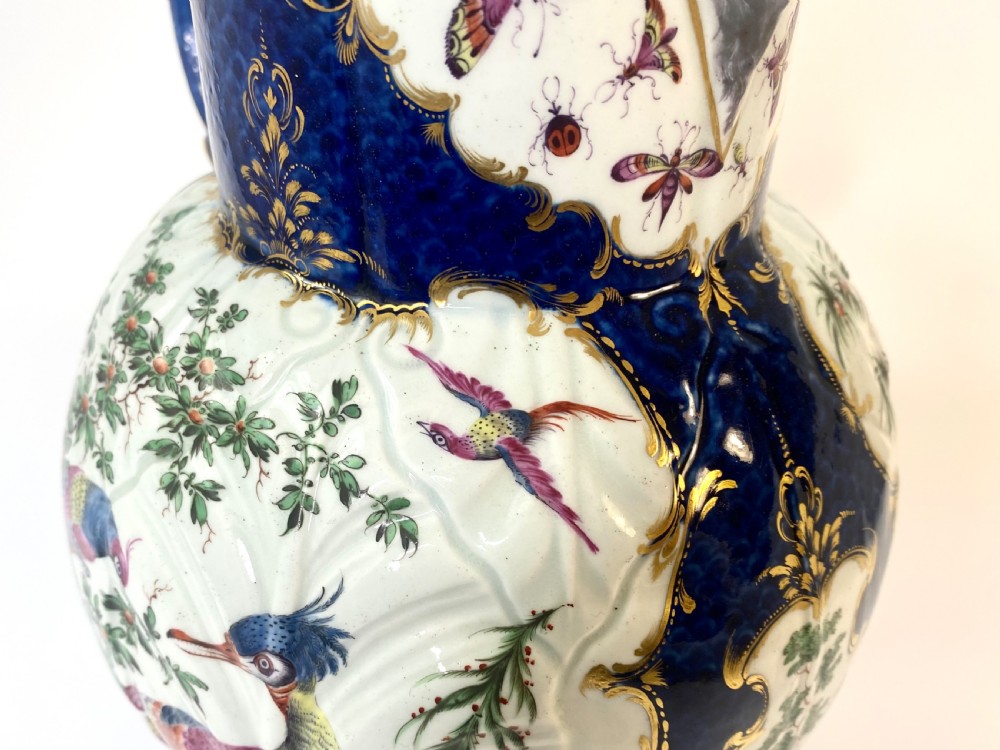 Worcester ‘Exotic Birds’ cabbage leaf moulded jug, c. 1770. View XV